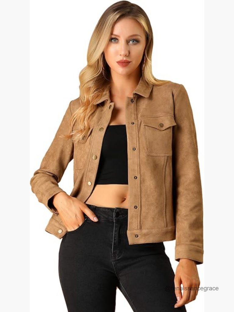 Faux Suede Western Shacket Snap Button Flap Pockets Loose Fit Casual Jacket